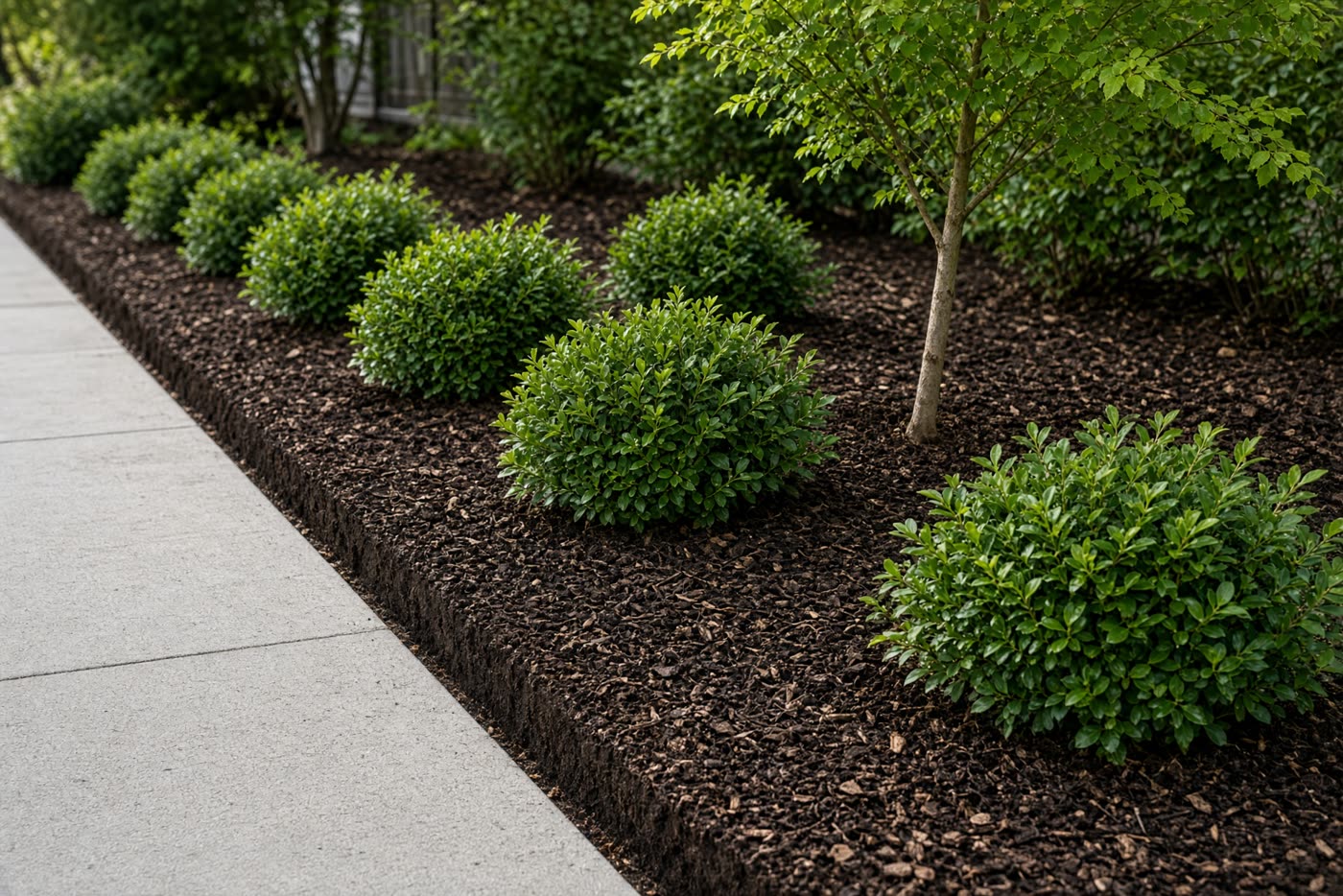 A fresh mulch bed with trimmed shrubs along a walkway.