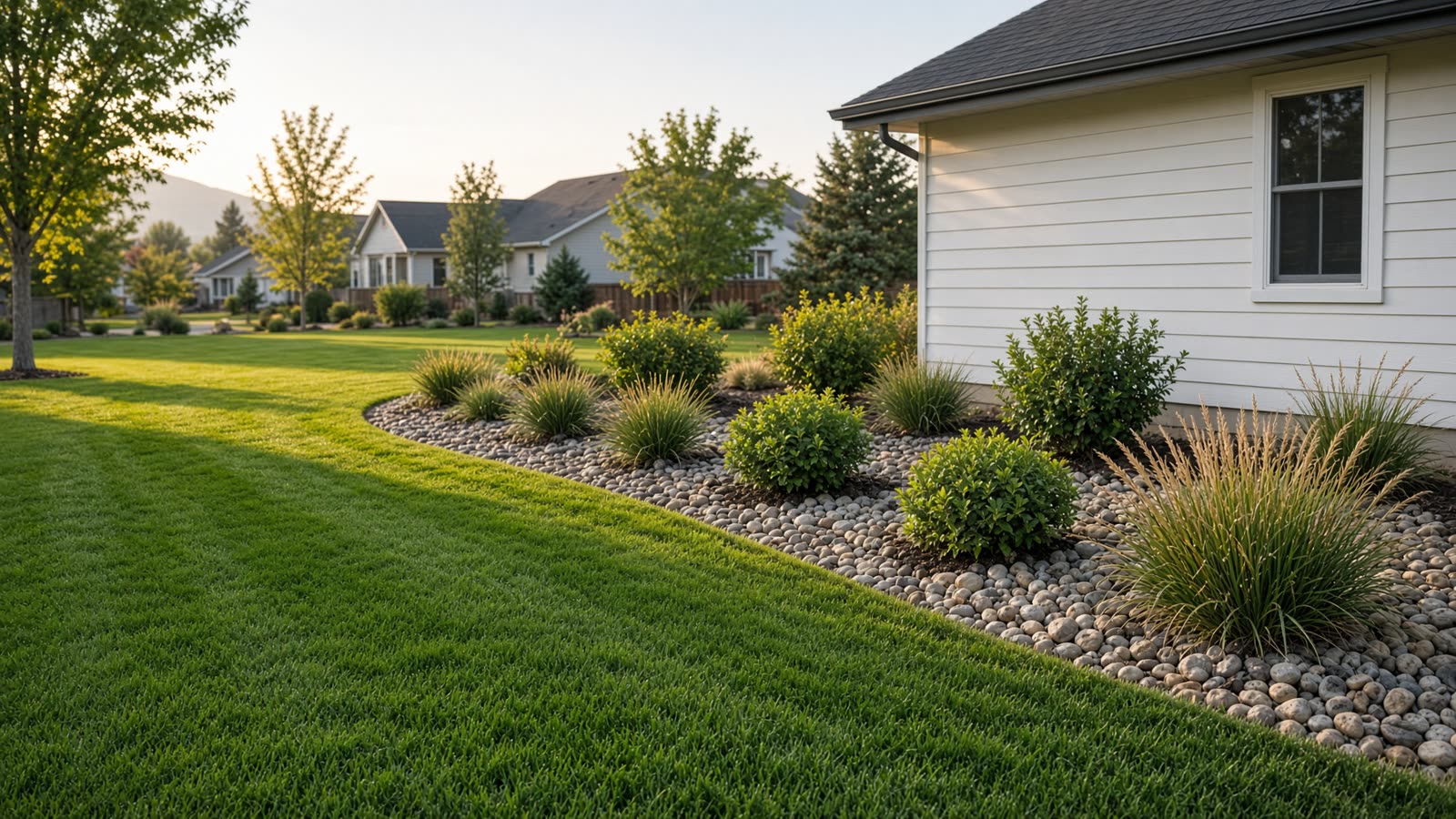 A mowed front lawn with a river-rock bed and small shrubs in late-afternoon light.